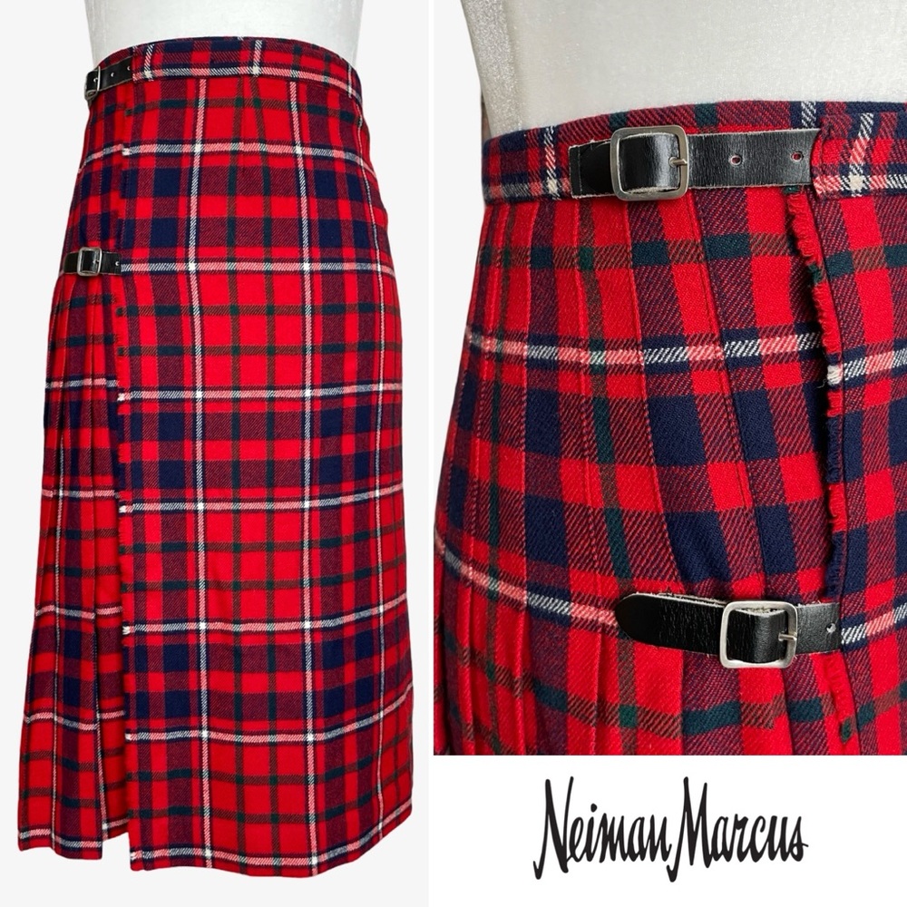 Vintage Neiman Marcus Wool Tartan Kilt Skirt Red Navy 4 EUC